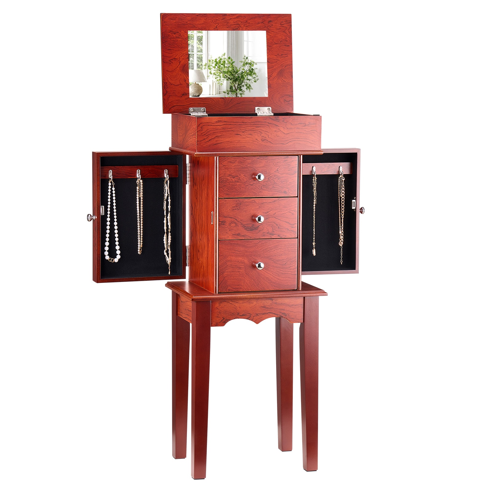 Jewelry Cabinet Armoire Standing Jewelry Storage Chest With 3 Drawers & Mirror_maomaolike.com